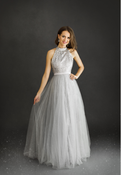 Bodenlanges Glitzer-Abenkleid mit Tüllrock HM2210