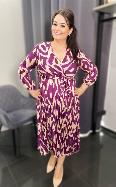 Plisseekleid mit Animal-Print Langarm 19318